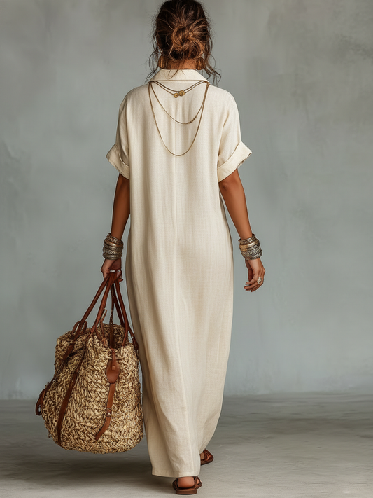 🔥New Arrivals & Special Offers-Women's Minimalist Linen Blend Embroidered Short-sleeved Shirt Maxi Dress