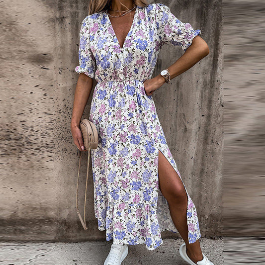 🌸2024 New Plus Size Elegant V-Neck Floral High Waist Split Dress