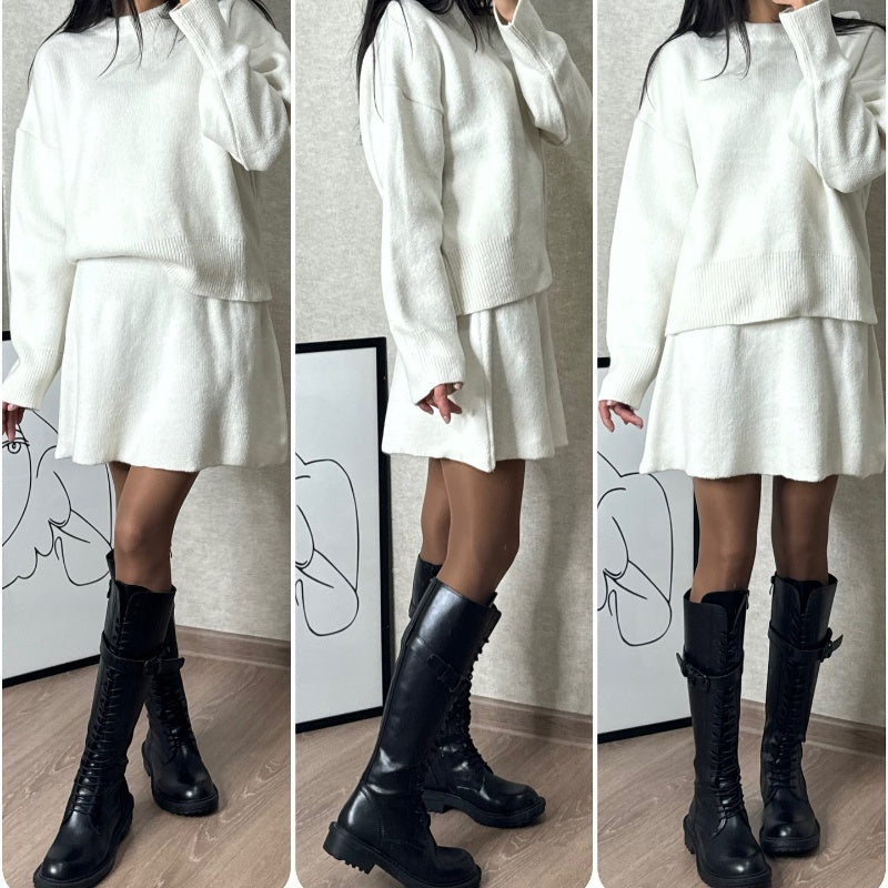 π2024 Autumn New Solid Color Casual College Style Knit Dress Set ππ2-Piece Sweater Set: Long-Sleeve Top & Mini Skirt
