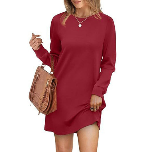 Women's Solid Round-Neck Long-Sleeve Dresses with Pockets