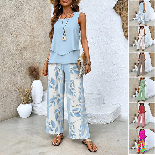 Dames Trendy Print 2-delige Outfits Mouwloze Topp & Broek