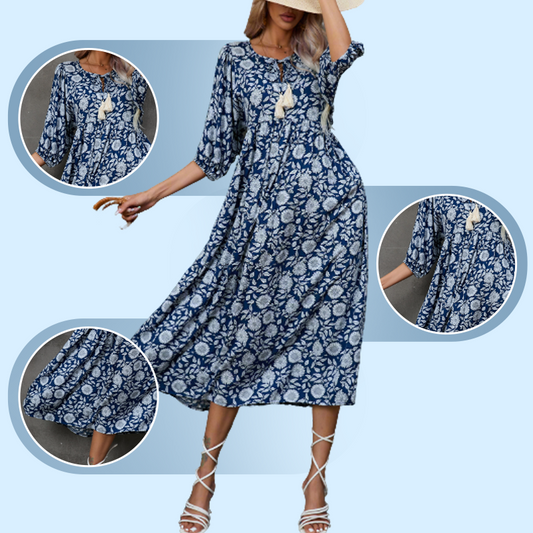 Women's Elegant Floral Print V-Neck Long Dress