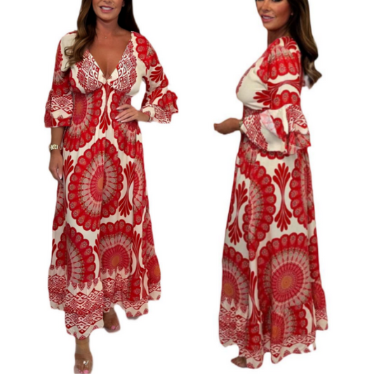 Women's Lucky Print Maxi Dress【Elastic waist. suitable for all occasions】