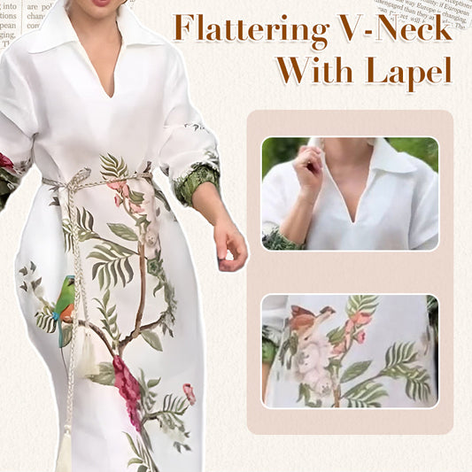 🌸Limited Sale 50% OFF🌸Women's Print V-Neck Lapel Long-Sleeve Long Dress