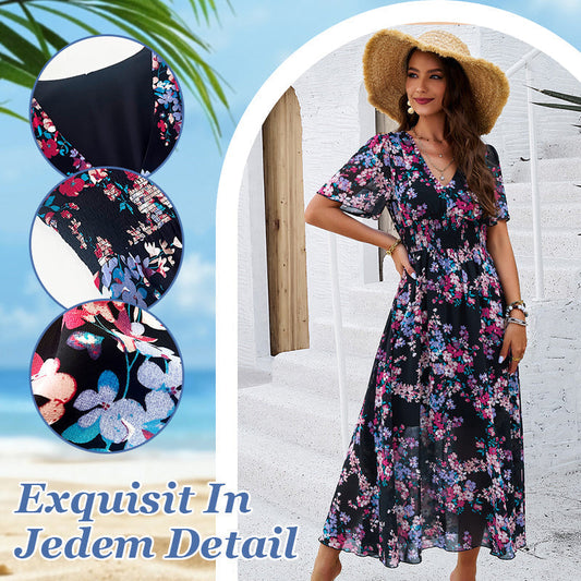 Women's Elegant Printed Flowing Dress with V-Neck