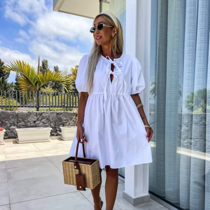 Women's Trendy Solid Color Bow Tie Front Puff Sleeve Dress
