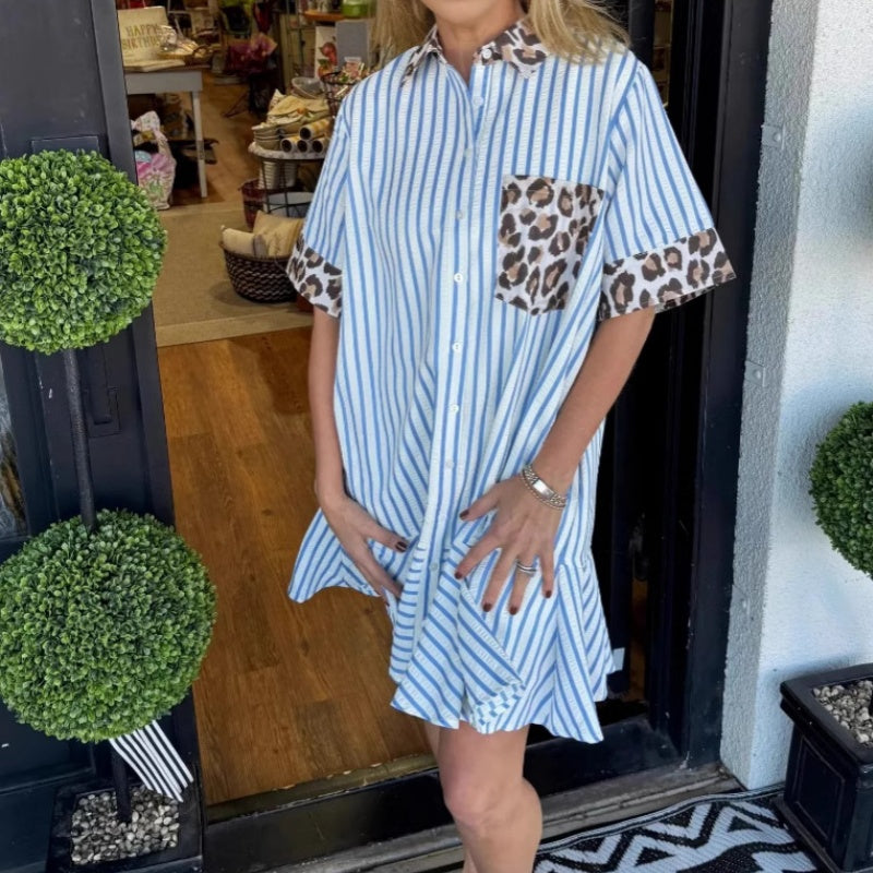 Women's Fashion Striped Patchwork Leopard Print Shirt Dresses