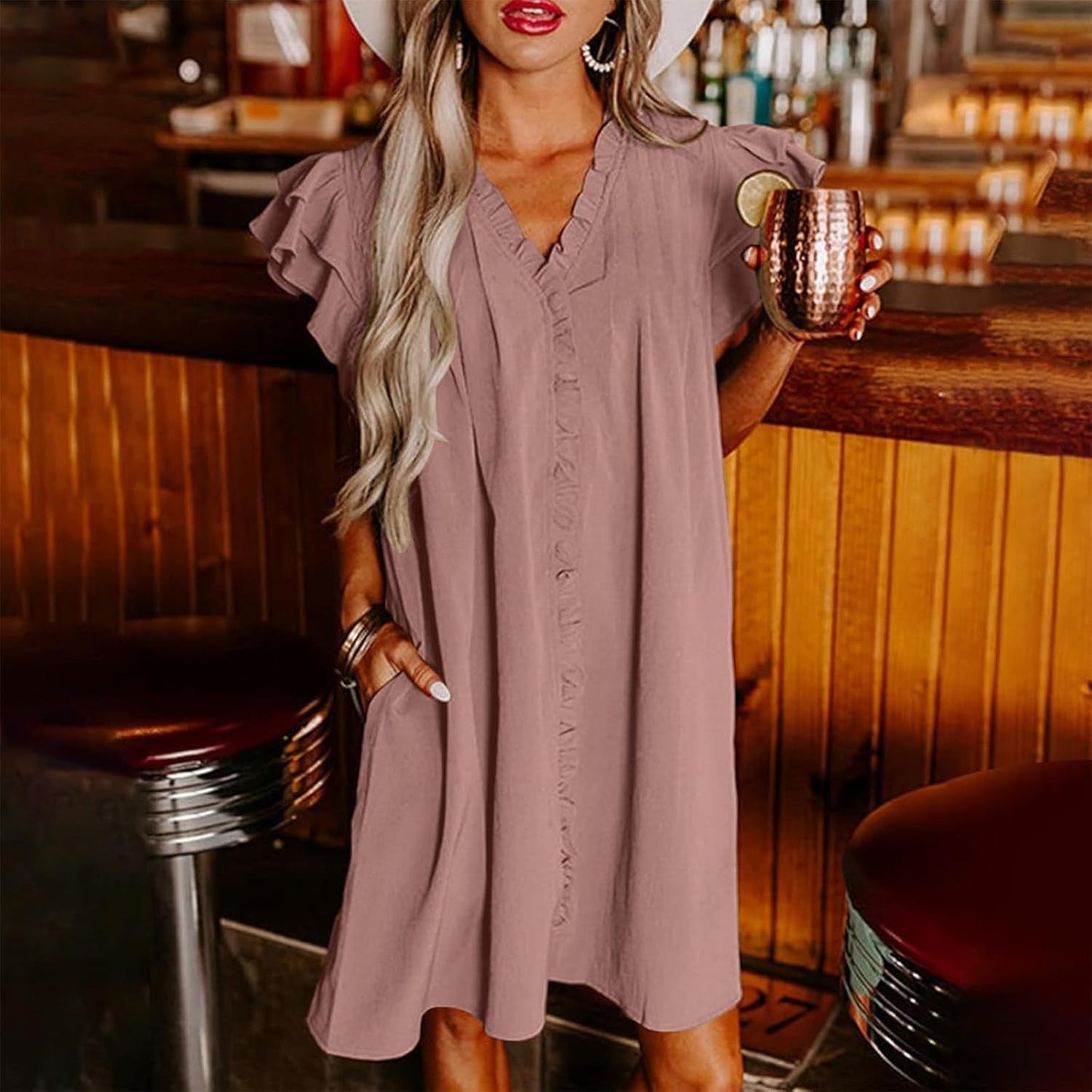 Women's Casual V-Neck Ruffle Pleated Dress