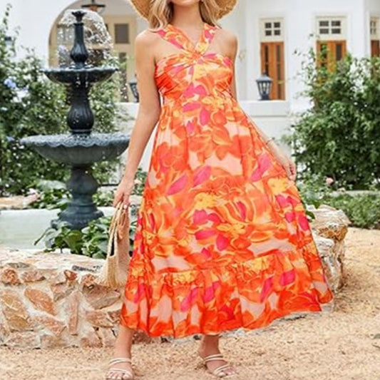 đșCross Halter Sleeveless Floral Printed Dressđ