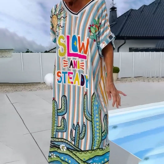 ⏳Time-limited Special⏰Women's Fashion Print Short Sleeve V-Neck Dress