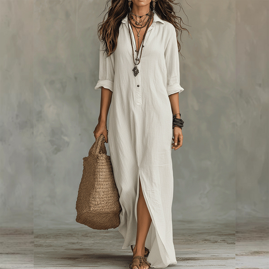 🔥Hot Sale Offers-Casual. loose-fitting. long cotton-linen dress with a front slit