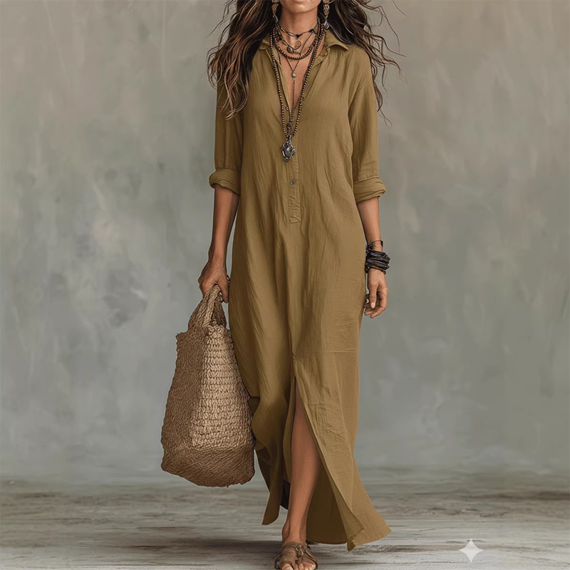 🔥Hot Sale Offers-Casual. loose-fitting. long cotton-linen dress with a front slit