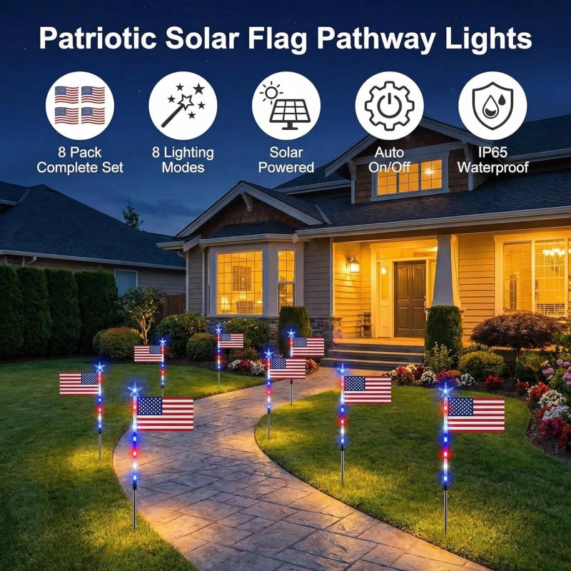🇺🇸Solar FreedomPath Lights | 8 Connected in 1 Solar American Flag Pathway Stake Lights with 8 Modes