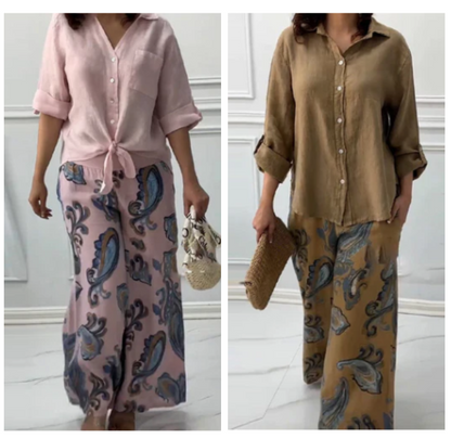Women's Fashion Loose Cardigan Shirt & High Waist Pants Two Piece Set