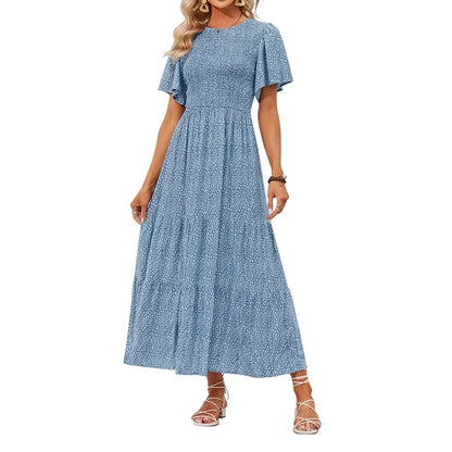 ⏰Hot Sale 49% Off👗Women's Casual Floral Print Short Flutter Sleeve Smocked High Waist Flowy Maxi Dress