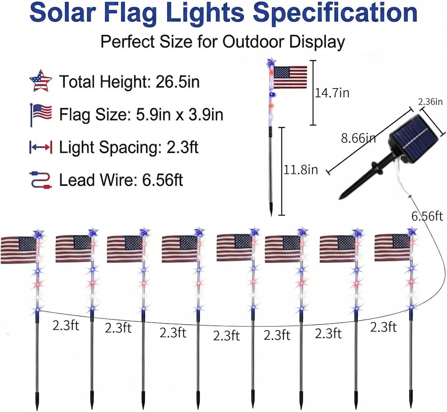 🇺🇸Solar FreedomPath Lights | 8 Connected in 1 Solar American Flag Pathway Stake Lights with 8 Modes