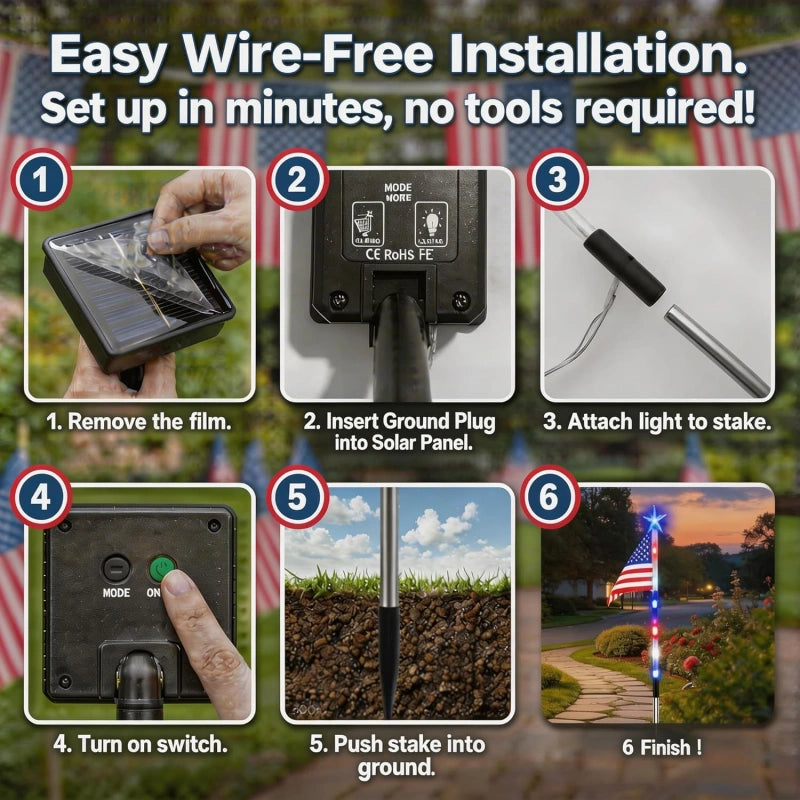 🇺🇸Solar FreedomPath Lights | 8 Connected in 1 Solar American Flag Pathway Stake Lights with 8 Modes