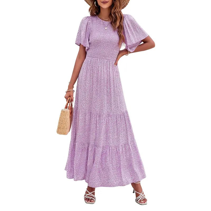⏰Hot Sale 49% Off👗Women's Casual Floral Print Short Flutter Sleeve Smocked High Waist Flowy Maxi Dress