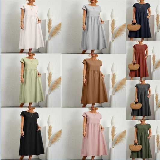 🔥Today 50% Off🔥Fashion Solid Color Cotton Linen Pocket Dress