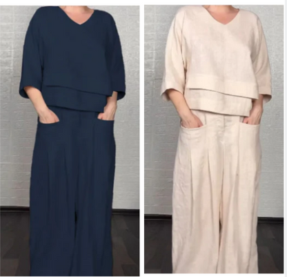 Irregular Hem Cotton Linen Short Sleeve Casual 2-Piece Set