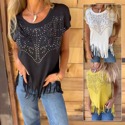 🔥HOT SALE 🔥Women's Solid Colour Short Sleeve T-shirt With Hot Print And Frayed Hem