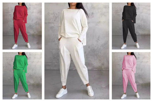 Round-Neck Long-Sleeved Top ＆ Pants 2-Piece Set