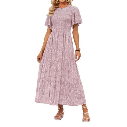 ⏰Hot Sale 49% Off👗Women's Casual Floral Print Short Flutter Sleeve Smocked High Waist Flowy Maxi Dress