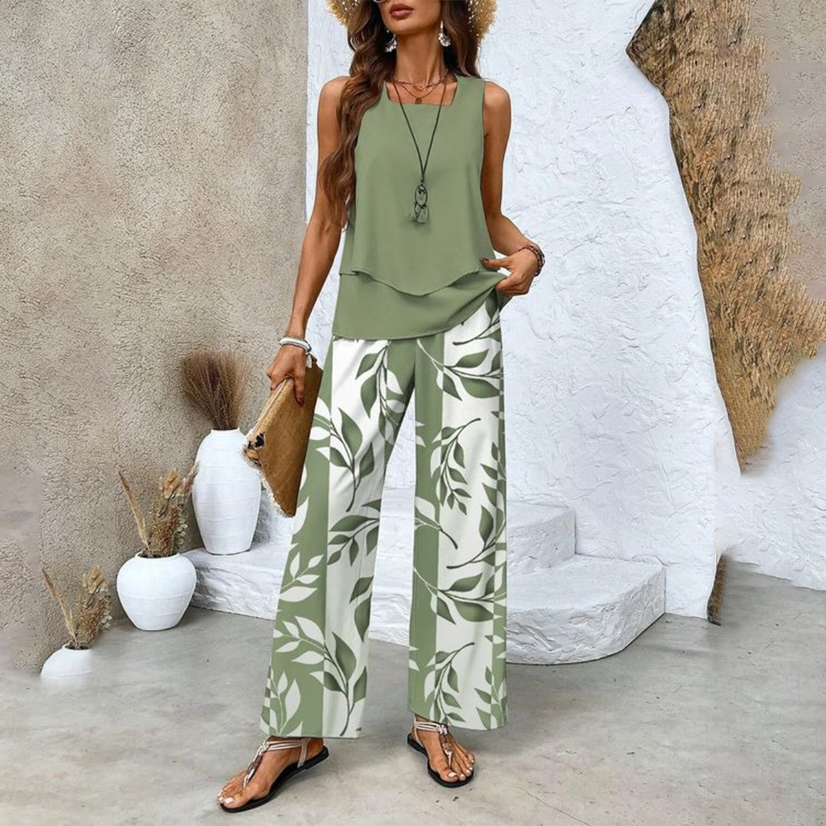Dames Trendy Print 2-delige Outfits Mouwloze Topp & Broek