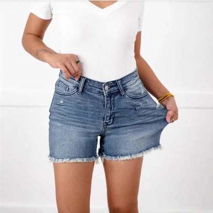 High Rise Frayed Hem Cut Off Jean Shorts