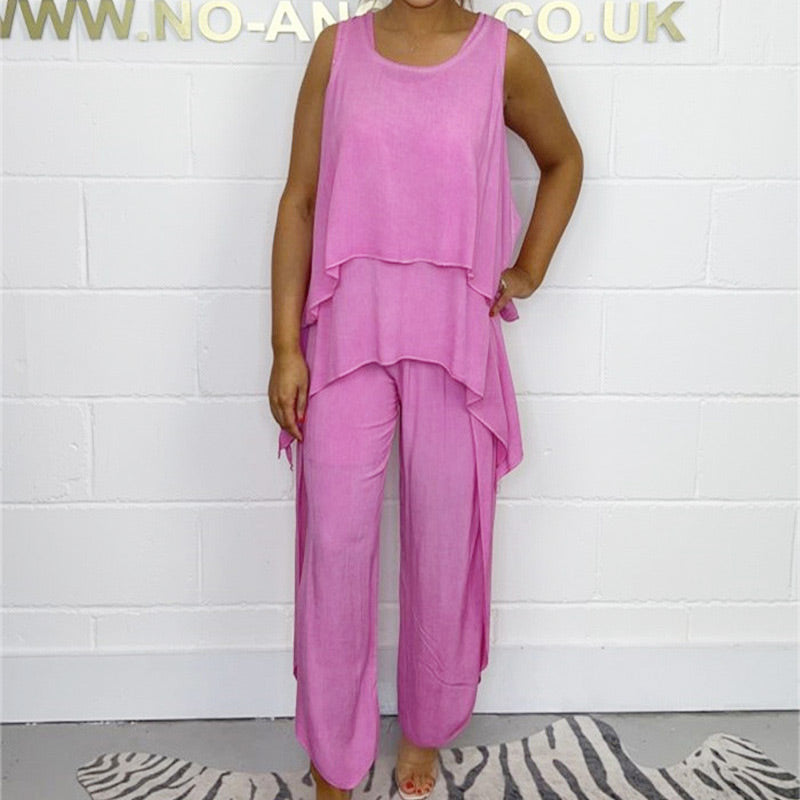 Casual Sleeveless Loose Top and Pants Suit