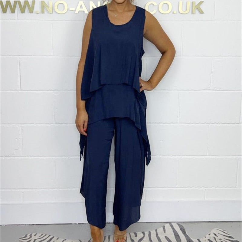 Casual Sleeveless Loose Top and Pants Suit
