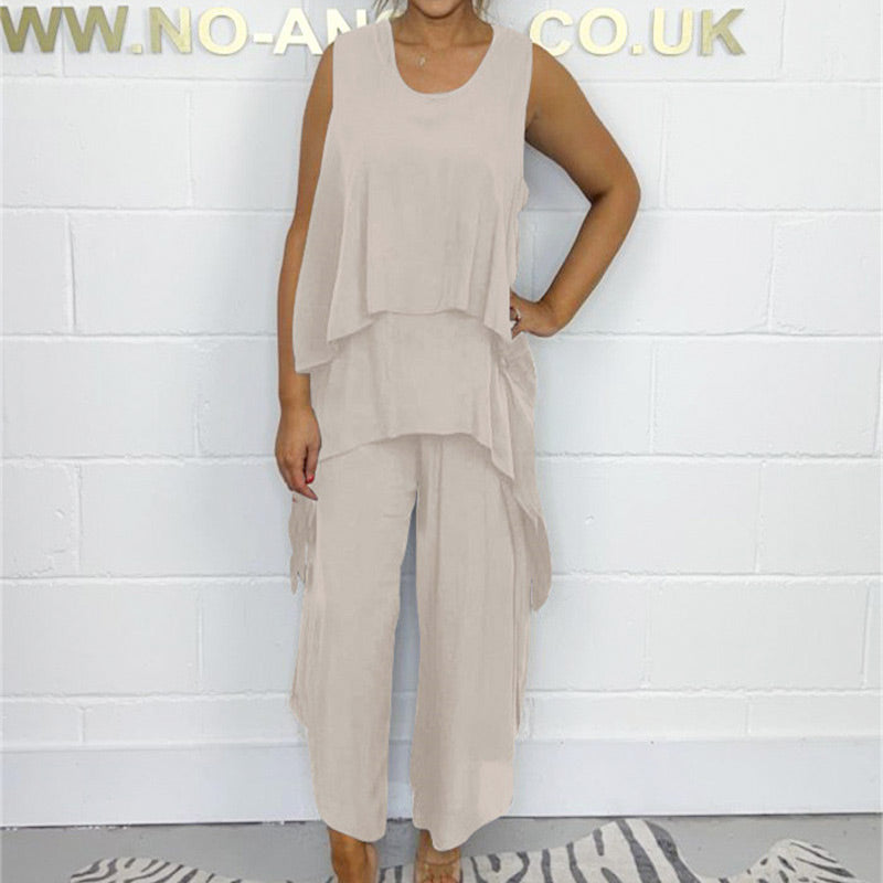 Casual Sleeveless Loose Top and Pants Suit