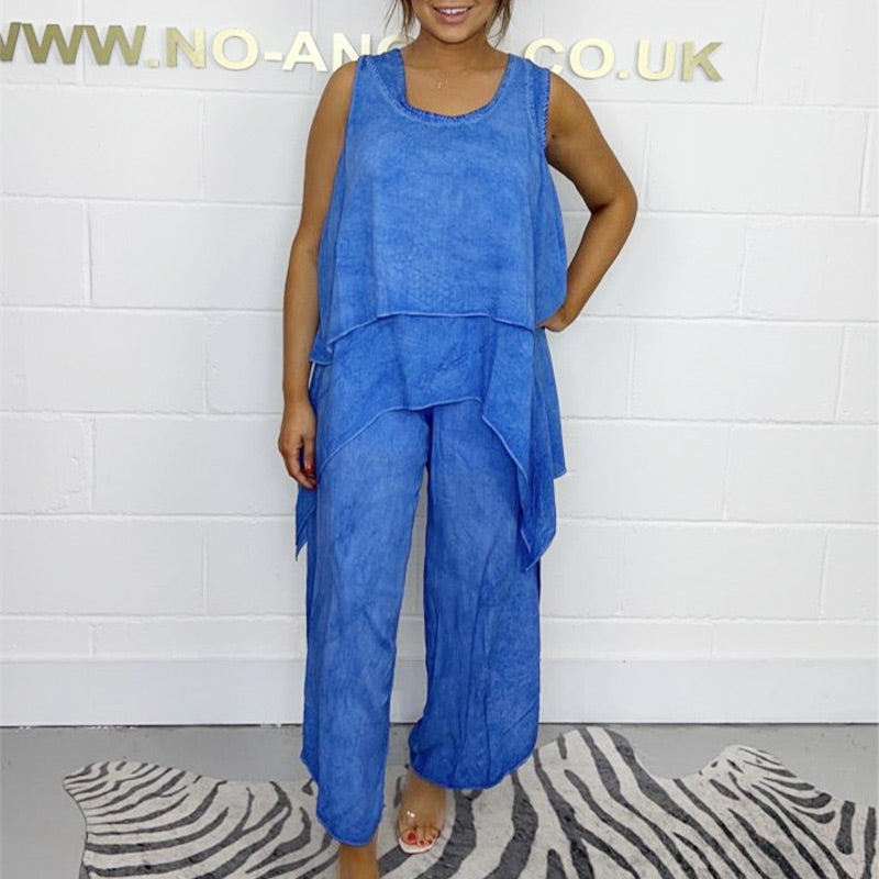Casual Sleeveless Loose Top and Pants Suit