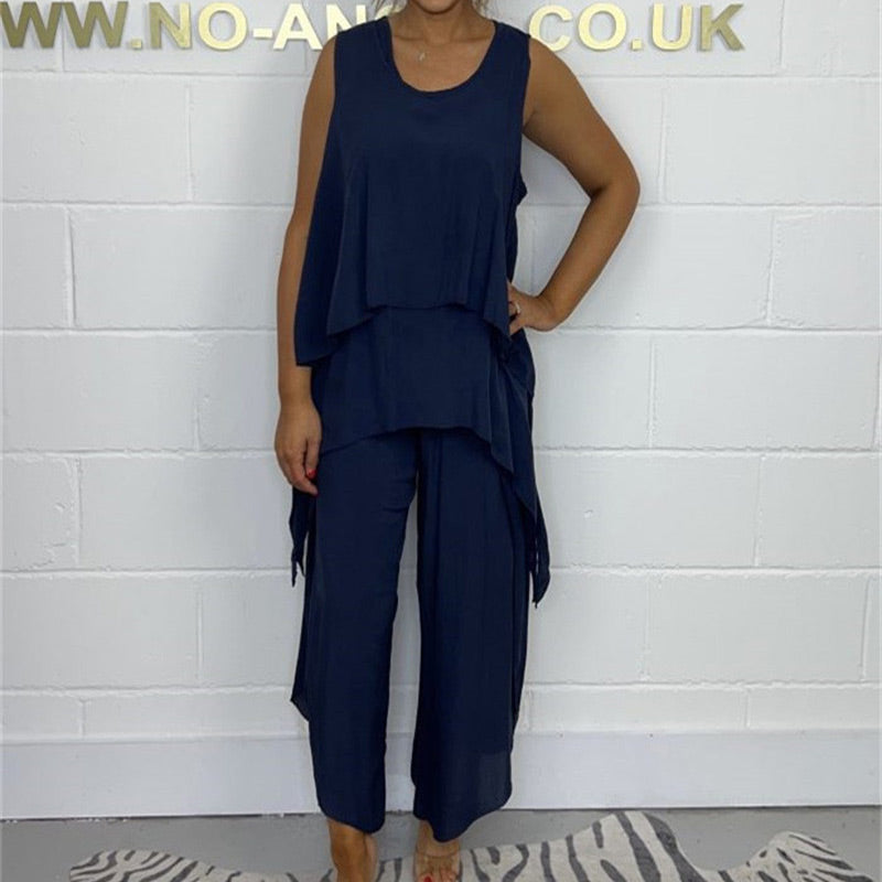 Casual Sleeveless Loose Top and Pants Suit