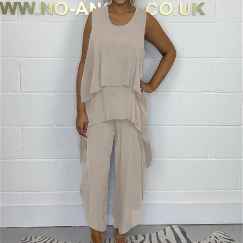 Casual Sleeveless Loose Top and Pants Suit
