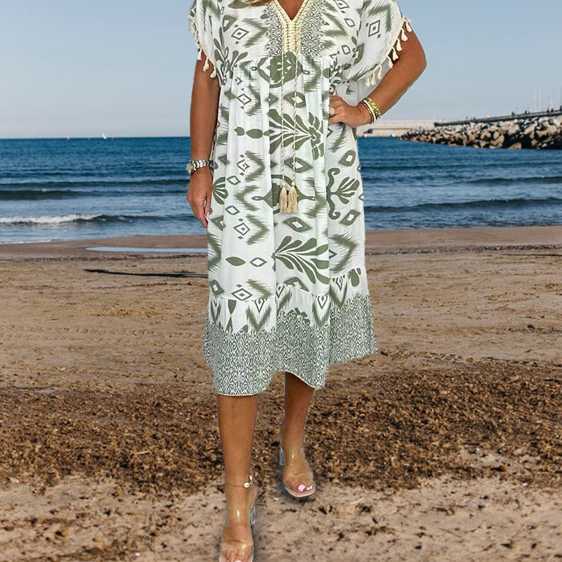 Printed Casual Dress With V-Neckline and Fringes on the Short Sleeves