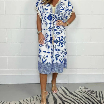 Printed Casual Dress With V-Neckline and Fringes on the Short Sleeves