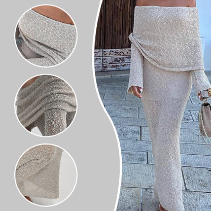 Open Shoulder Long-Sleeve Knit Bodycon Dress