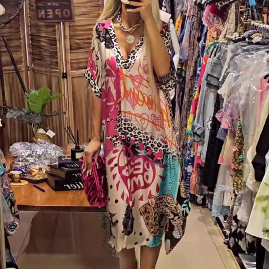 🎉2025 New Products Hot Sale✨Women's Deep V-Neck Short Sleeve Printed Dress
