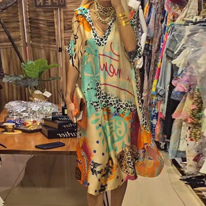 🎉2025 New Products Hot Sale✨Women's Deep V-Neck Short Sleeve Printed Dress