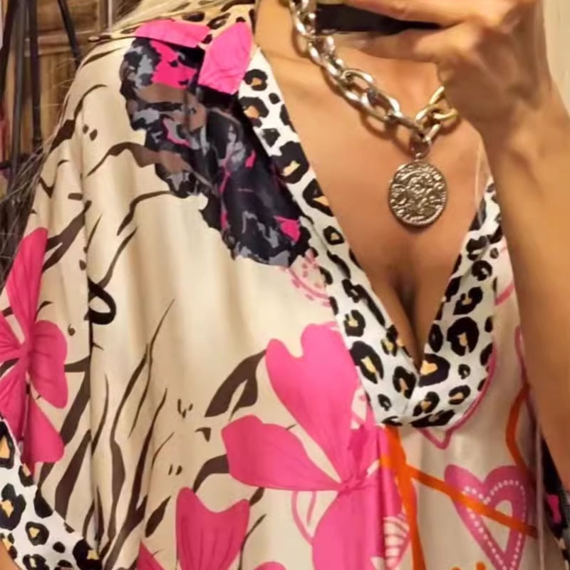 🎉2025 New Products Hot Sale✨Women's Deep V-Neck Short Sleeve Printed Dress