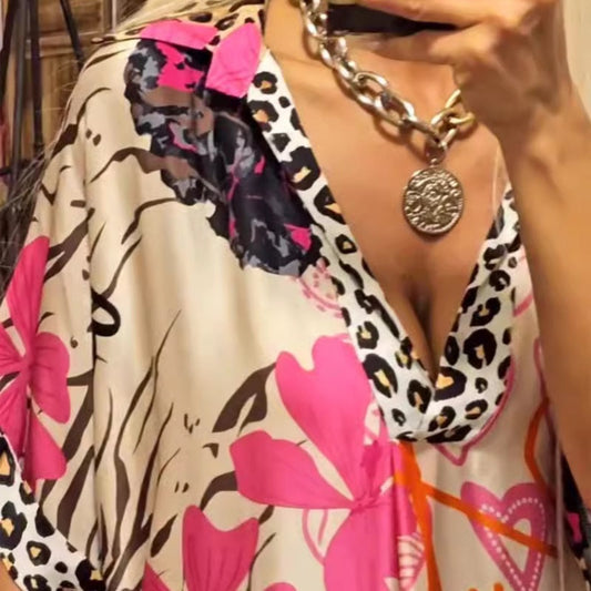 🎉2025 New Products Hot Sale✨Women's Deep V-Neck Short Sleeve Printed Dress