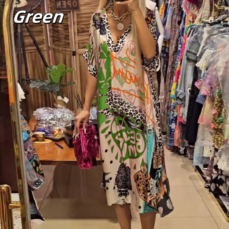 🎉2025 New Products Hot Sale✨Women's Deep V-Neck Short Sleeve Printed Dress