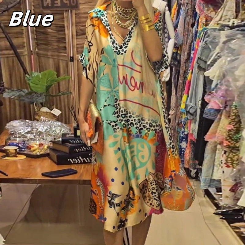 🎉2025 New Products Hot Sale✨Women's Deep V-Neck Short Sleeve Printed Dress