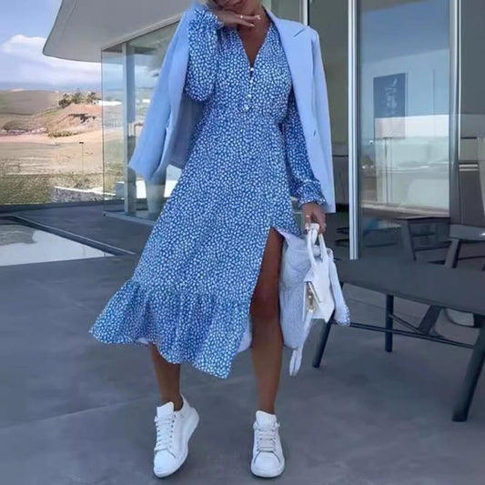 Women's Blue Printed V-neck Long-sleeve Dress