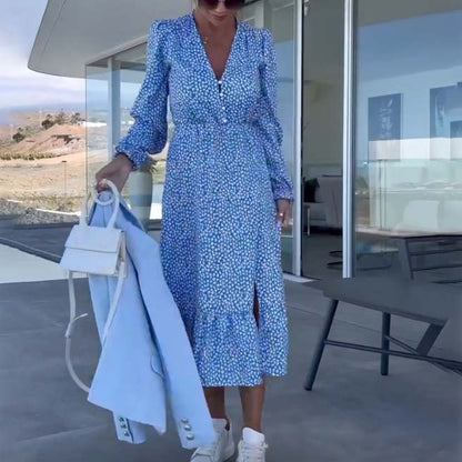 Women's Blue Printed V-neck Long-sleeve Dress