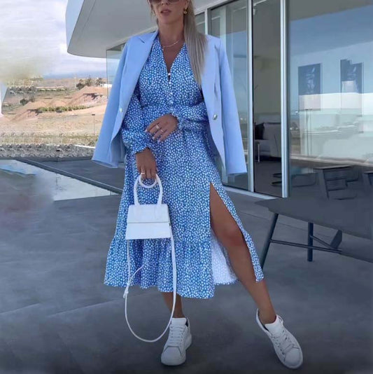 Women's Blue Printed V-neck Long-sleeve Dress