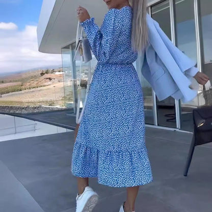 Women's Blue Printed V-neck Long-sleeve Dress