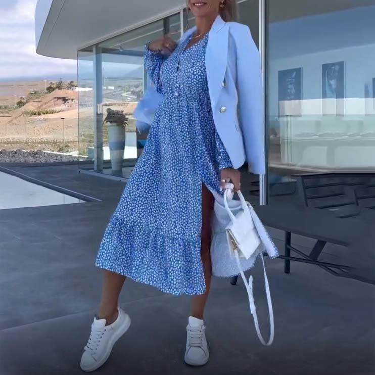 Women's Blue Printed V-neck Long-sleeve Dress