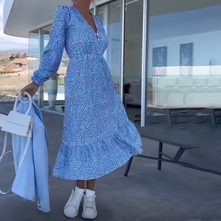 Women's Blue Printed V-neck Long-sleeve Dress